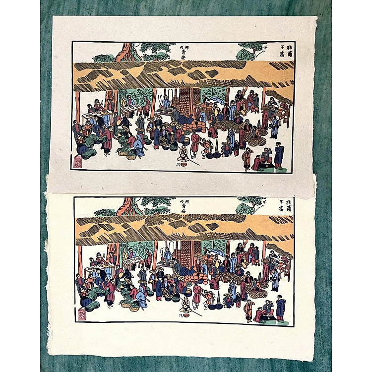 Tranh Chợ quê - tranh dân gian Hàng Trống in màu trên giấy dó thủ công truyền thống Việt Nam