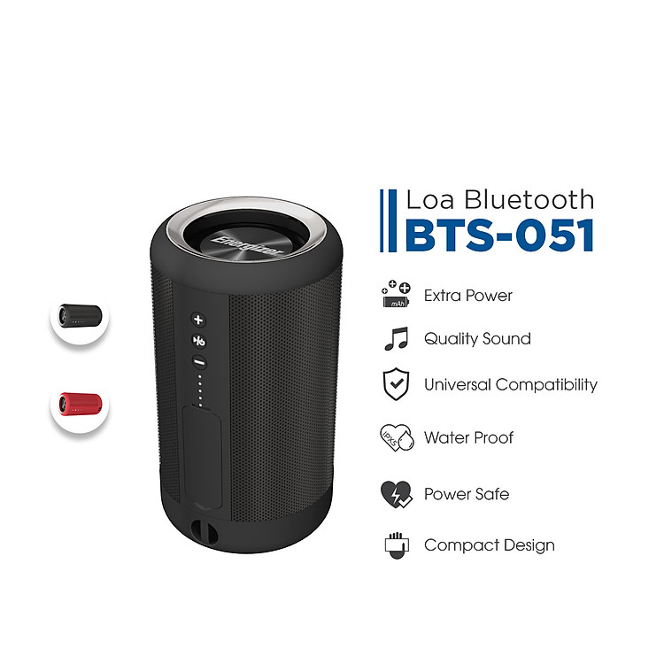 Loa Bluetooth kèm pin sạc dự phòng Energizer BTS-051, dung lượng 2,000mAh, chống nước theo tiêu chuẩn IPX5, hỗ trợ thẻ micro SD, AUX - Hàng chính hãng