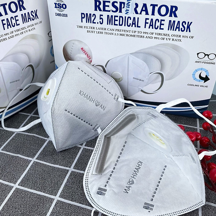 Khẩu trang y tế N95 có van thở Khánh An RESPIRATOR PM 2.5 MEDICAL FACE MASK hộp 10 cái kháng khuẩn ngăn bụi mịn