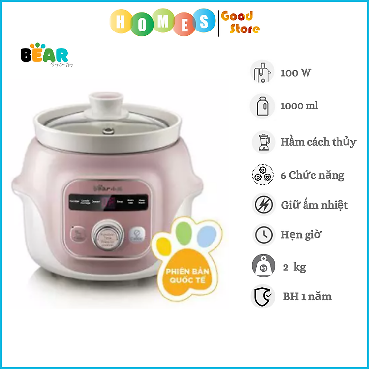 Nồi Chưng Yến, Nấu Cháo Chậm, Nồi Tiềm Thuốc Bắc BEAR DDG-D10B1S Dung Tích 1 Lít Công Suất 100 W - Hàng Chính Hãng