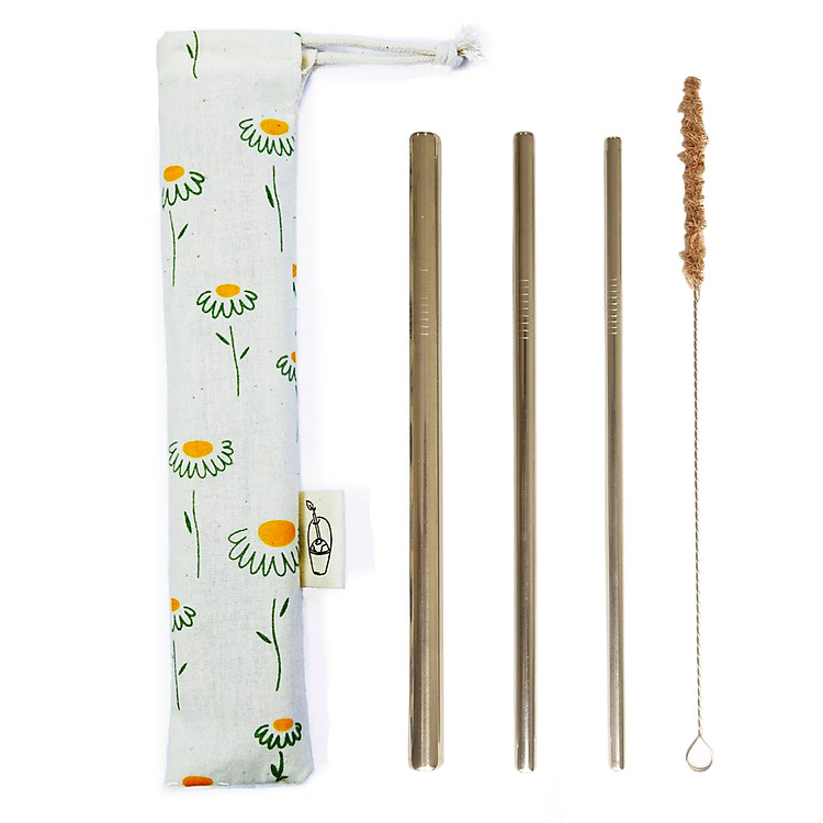 BỘ 3 Ống hút kim loại Inox, Cọ Rửa kim loại, Túi Đựng Hoa Cúc eco, thân thiện môi trường