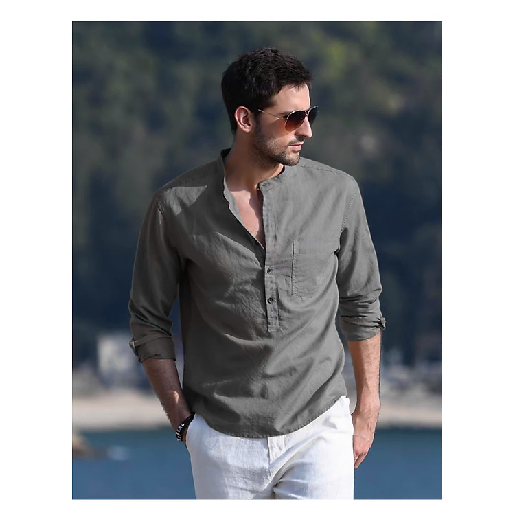 Sơ mi nam dáng đẹp basic trơn cổ điển, áo sơ mi cổ tàu công sở