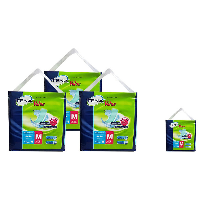 Combo 3 bịch tã dán người lớn Tena Value M12 L10, tặng 1 bịch cùng loại