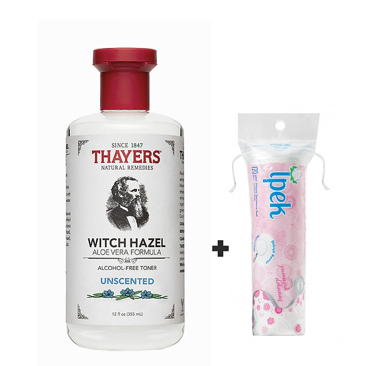 Nước hoa hồng THAYERS Alcohol-Free Unscented Witch Hazel Toner 355ml + Tặng Túi Bông tẩy trang Ipek 80 miếng