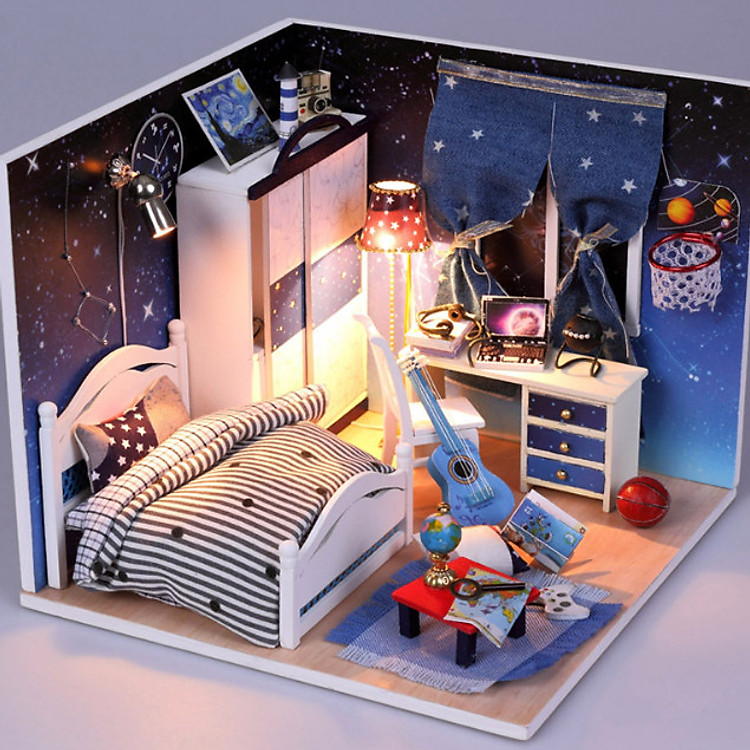 Mô hình nhà búp bê I-DIY phòng ngủ ngân hà xanh có đàn và bóng rổ