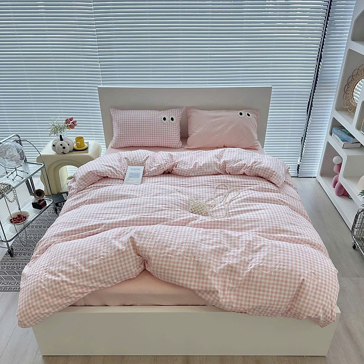 Bộ vỏ chăn ga gối cotton tici LIDACO họa tiết kẻ đôi mắt hiện đại bo chun đủ mọi cỡ nệm