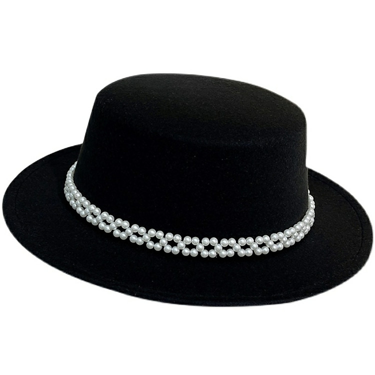Mũ cao bồi vành bằng nón phớt nỉ fedora nam nữ phối đai ngọc trai nhân tạo chất liệu nỉ Hàng nhập Dona23032601