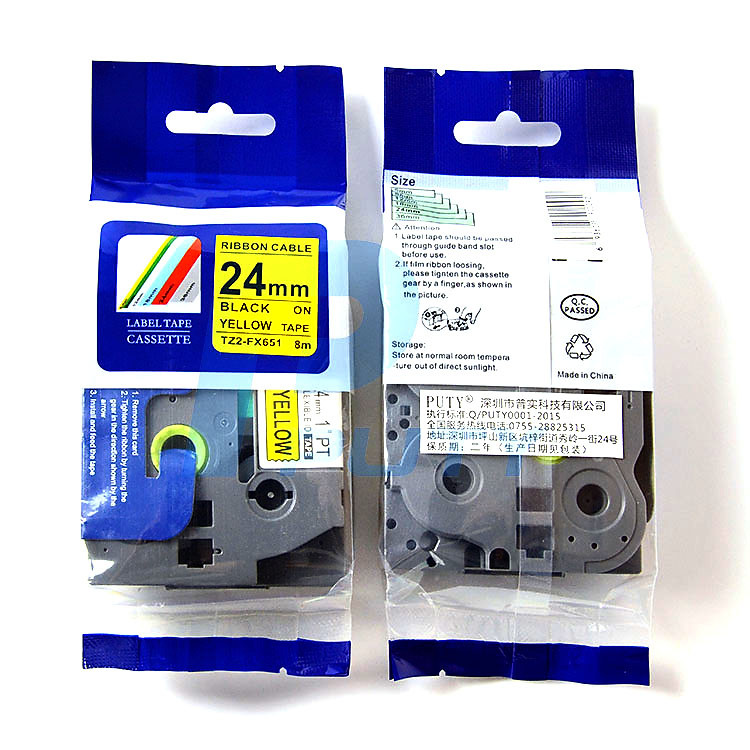 Nhãn in siêu dẻo TZ2-FX651, khổ 24mm x 8m, chữ đen nền vàng, dùng cho máy in nhãn Brother