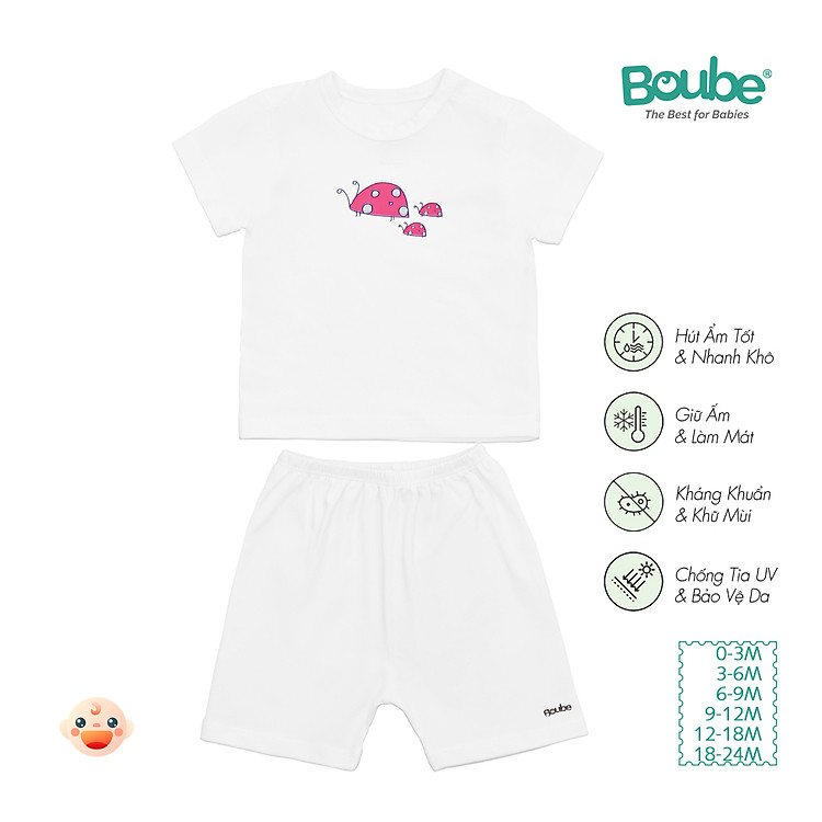 Bộ áo quần cộc tay cúc bấm vai màu trắng cho bé sơ sinh và trẻ nhỏ Boube, vải Cotton organic thoáng mát - Size 0-24M