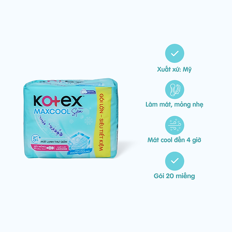 Băng vệ sinh Kotex Max Cool siêu mỏng có cánh 23cm (20 miếng)