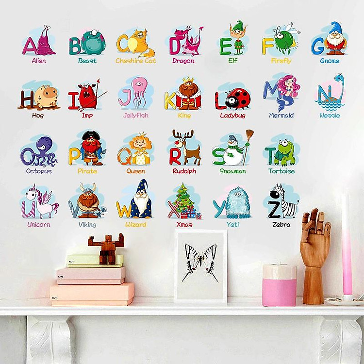 Sticker Decal Dán Tường 24 Chữ Cái và Từ Vựng Tiếng Anh