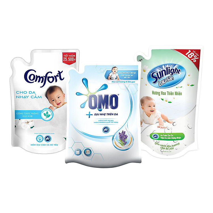 Combo Dịu Nhẹ: Túi Nước Giặt OMO 2.3kg + Túi Comfort 1.6kg + Túi Nước Lau Sàn Sunlight 1kg