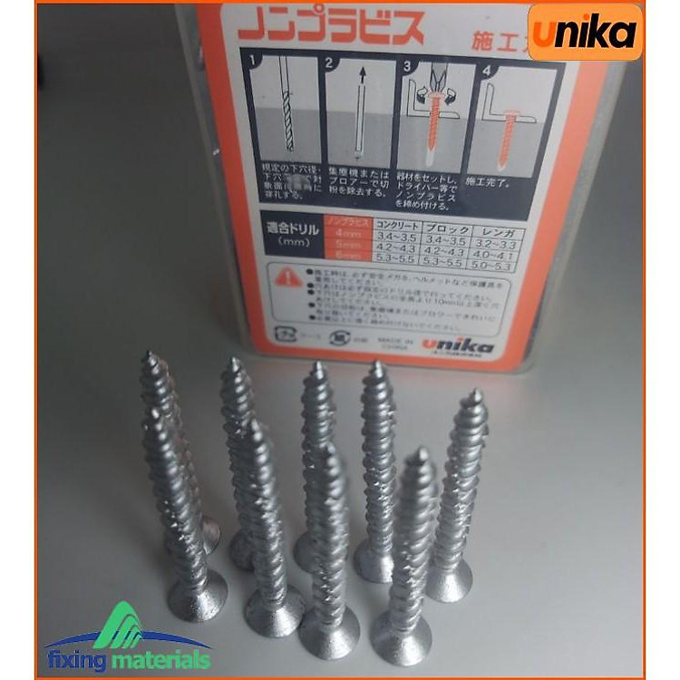 Túi 10 con vít bê tông UNIKA không dùng tắc kê nhựa (Thương hiệu Nhật, SX tại TQ)