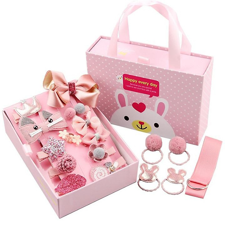 Hộp nơ kẹp tóc công chúa cho bé kèm túi xách (18 chi tiết)