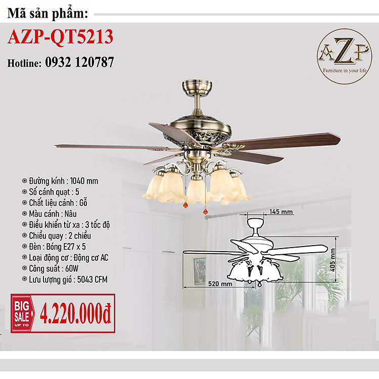 AZP - ĐÈN QUẠT TRẦN / ĐÈN TRANG TRÍ / ĐÈN PHÒNG KHÁCH / PHÒNG NGỦ AZP-QT5213 phong cách đương đại, hàng nhập khẩu AZP