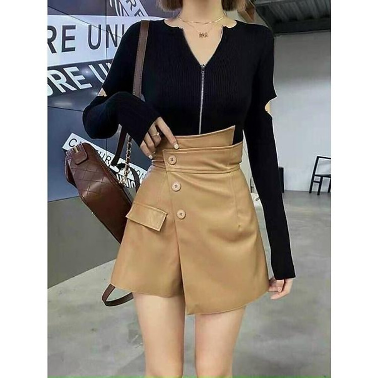 Quần giả váy da cạp cao vạt lệch