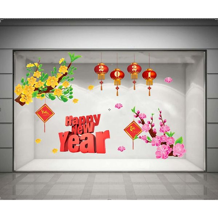 Combo decal trang trí tết xuân tân sửu - decal dán kính trang trí tết - có sẵn keo PK631