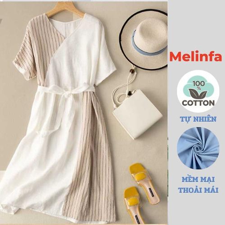 Váy đầm nữ cổ V trẻ trung thanh lịch có đai thắt kèm dáng dài vải Cotton Linen tự nhiên mã VAV0328