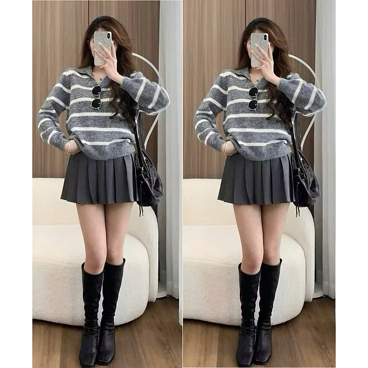 Áo len kẻ cổ viền QC dáng suông nhẹ, chất len tiêu lông mềm mịn