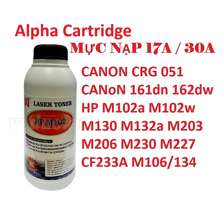 Combo 5 Mực nạp 17A 30A 047 051 CF 217A CF 230A dành cho Máy in Canon 161DN 162DW 113W MF113W HP M102a,M102w,MFP M130a,M203dw,CF230A Hàng chính hãng Alpha Cartridge