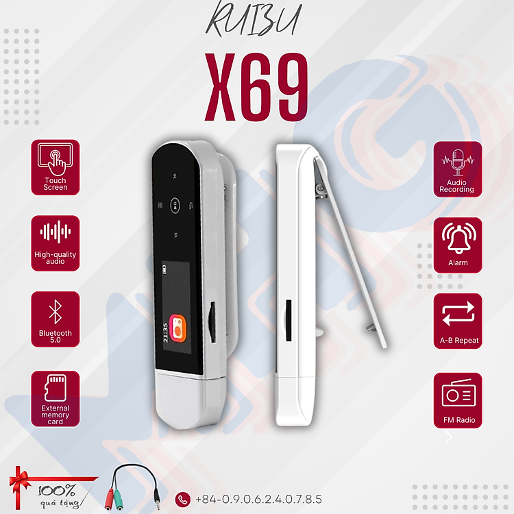 Ruizu X69 - Bluetooth 5.0, Nghe Nhạc Mp3, Hỗ Trợ Đa Định Dạng MP3 WMA APE FLAC WAV, FM Radio, Ghi Âm, Vòng Lặp A-B, Đồng Hồ Báo Thức, Hỗ Trợ Thẻ Nhớ Lên Tới 128Gb, Pin 280mAh 28 Giờ, Màn Hình Cảm Ứng, Hỗ Trợ Đa Ngôn Ngữ, Nhỏ Gọn - Hàng Nhập khẩu