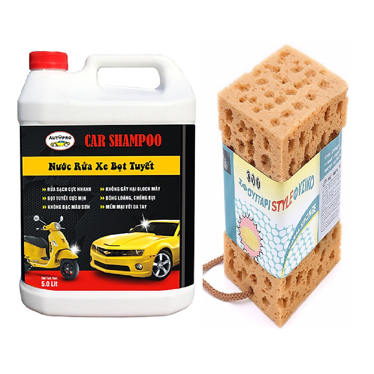 Combo Can Nước rửa xe cho ô tô xe máy 5 lít kèm Mút lau rửa chuyên dụng dành cho ô tô, xe máy