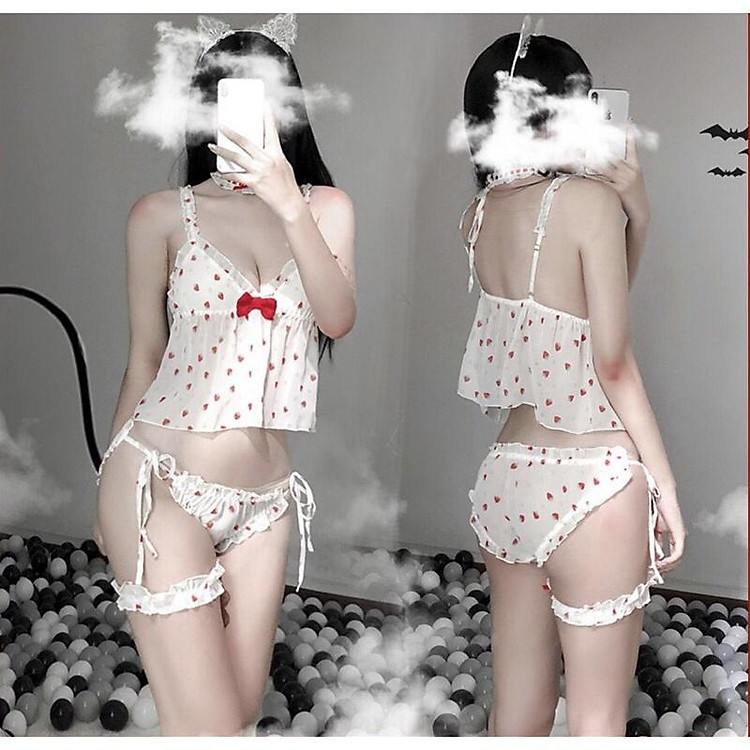 Set đồ ngủ nữ voan mỏng hoạ tiết dâu tây che tên, ship hoả tốc HCM CL5123