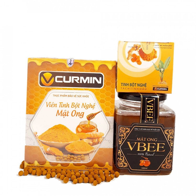 COMBO Viên tinh nghệ Mật ong VCURMIN 150g + Tinh bột nghệ VCURMIN 100g + 1 mật ong VBEE 500ml