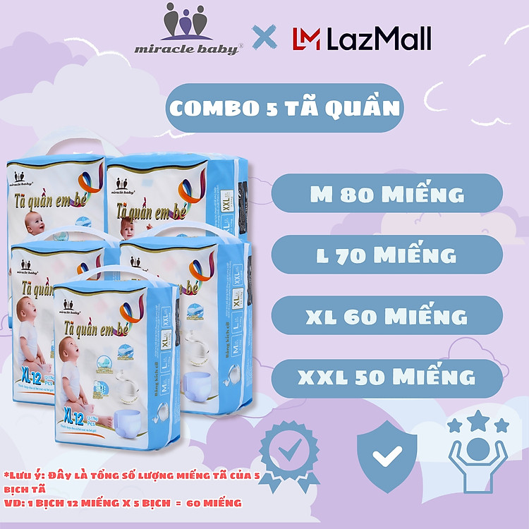 Mua tại Tiki: COMBO 5 Tã quần Miracle Baby Size XL Chính hãng, giá tốt