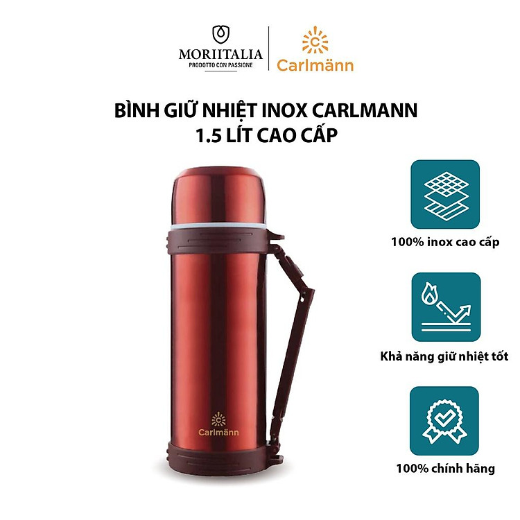Bình giữ nhiệt inox Carlmann màu đỏ 1.5L màu đỏ cao cấp QE-5032