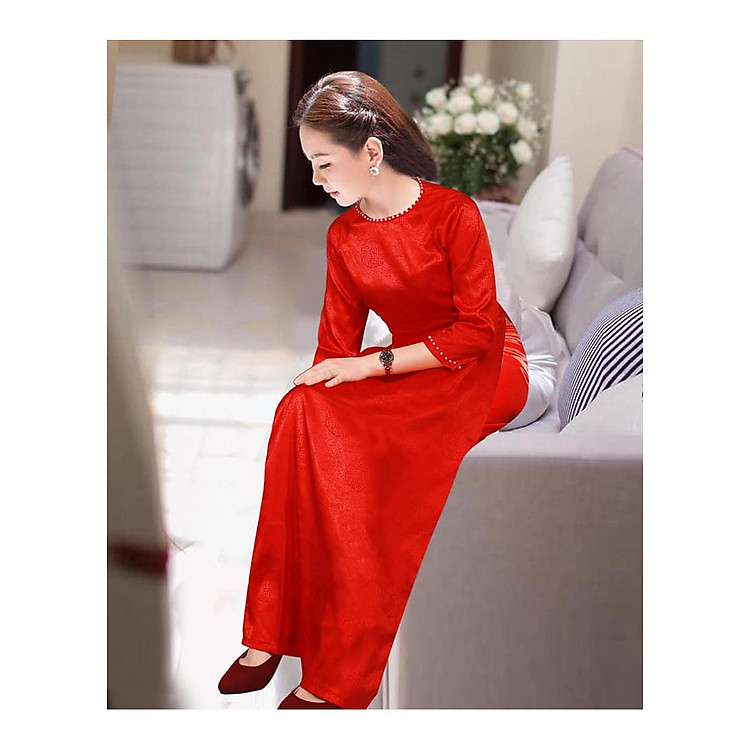 SET ÁO DÀI TRUYỀN THỐNG GẤM CAO CẤP ĐÍNH HẠT TAY VÀ CỔ