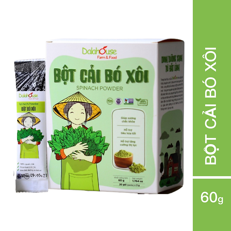 Bột cải bó xôi Dalahouse 60gr (mẫu mới gồm 20 tuýp tiện dụng)- Hữu cơ nguyên chất sấy lạnh - Đạt tiêu chuẩn Châu Âu