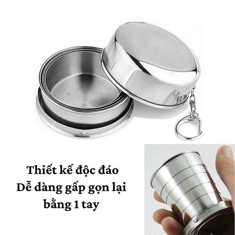 Cốc Uống Nước Mini Gấp Gọn Inox Đa Năng Cao Cấp Bỏ Túi Du Lịch Có Móc Treo Tiện Dụng