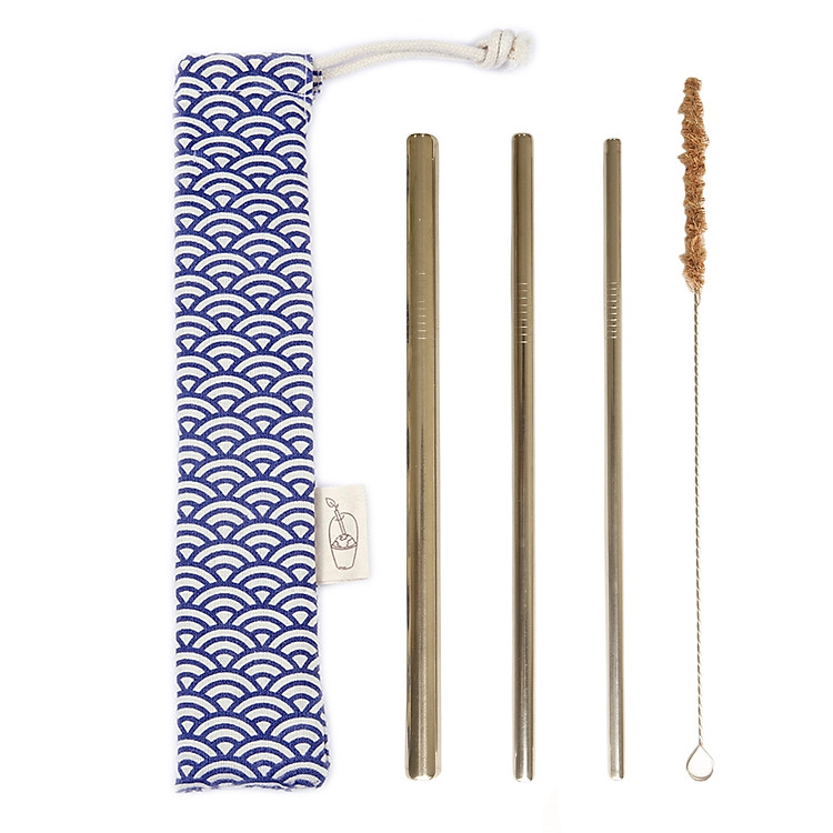 Bộ 3 Ống hút kim loại Inox, Cọ Rửa kim Loại, Túi đựng Vảy Xanh eco, thân thiện môi trường