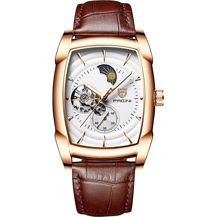 Đồng Hồ Cơ PAGINI Dây Da Cao Cấp - Mặt Vuông Lịch Lãm - Hiển Thị Lịch