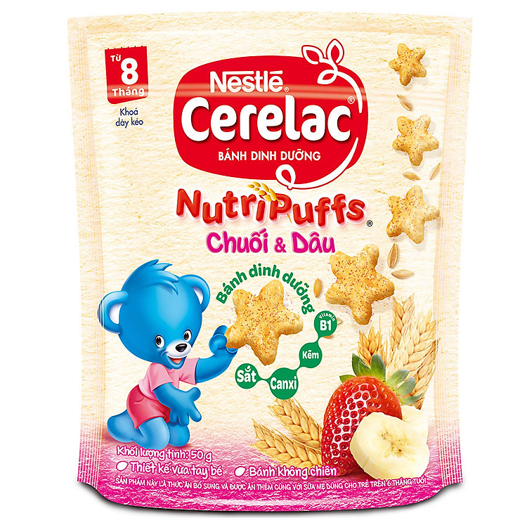 Bánh Ăn Dặm Nestlé CERELAC Nutripuffs Vị Chuối Dâu - Gói 50g