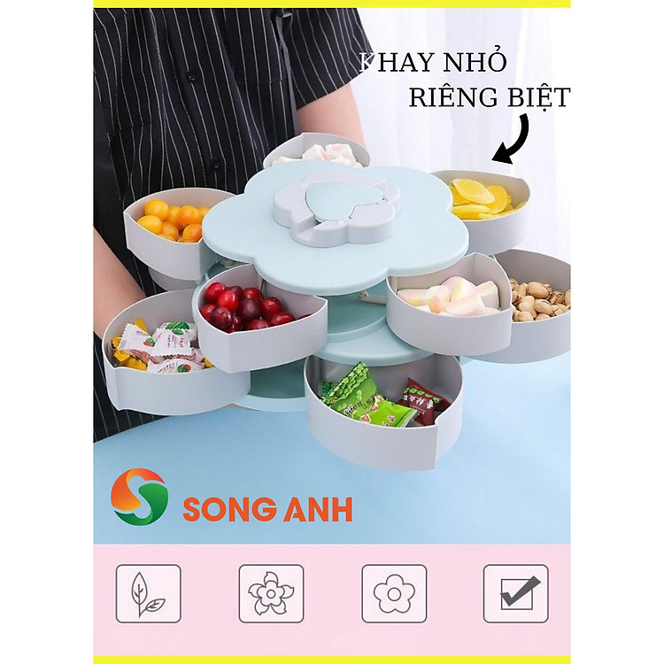 Khay Đựng Mứt Tết 2 Tầng 10 Cánh Xoay SONGANH, Hộp Đựng Bánh Kẹo Ngày Tết -SA18