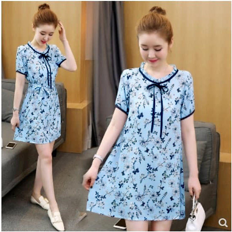 Đầm bầu đẹp công sở váy bầu công sở suông ruffle màu xanh cổ bèo dây nơ DN1007023