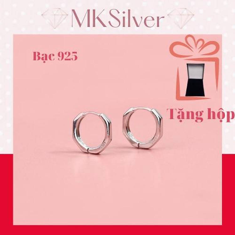 Hoa tai bạc ý, bông tai bạc unisex kiểu hình học lục giác xi bạch kim phong cách đơn giản năng động.