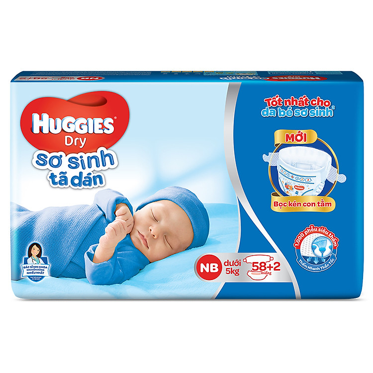 Tã Dán Sơ Sinh Huggies Dry Newborn (58 Miếng + 2 Miếng)