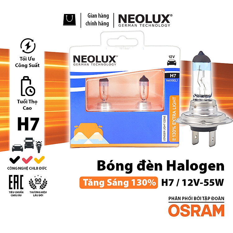 Combo 2 Bóng Đèn Halogen Tăng Sáng 130% OSRAM NEOLUX Dùng Cho Xe Ô Tô Xe Máy Chân H1 H4 H7 - Nhập Khẩu Chính Hãng