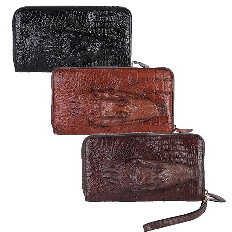 HT3725-26-27-28 - Bóp nữ da cá sấu Huy Hoàng nhiều ngăn đầu cá sấu màu đen, nâu đất, vàng bò, nâu đỏ