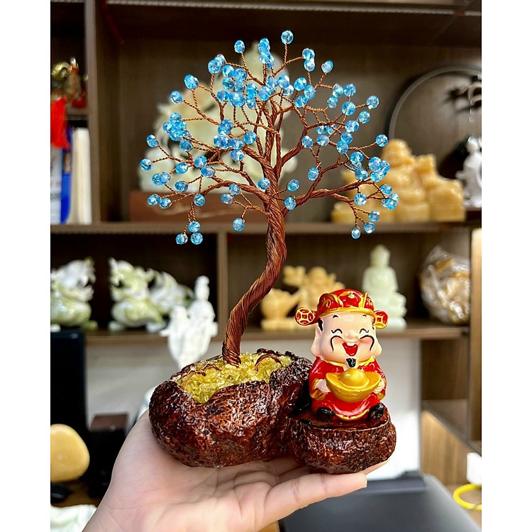 Cây tài lộc và tượng thần tiền phong thủy đá tự nhiên đặt bàn làm việc