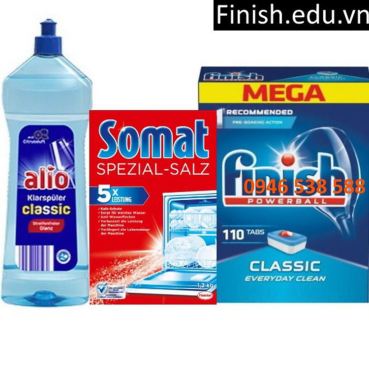 Combo 110 viên rửa bát finish + muối Somat 1.2kg + Nước làm bóng alio 1 lít dùng cho máy rửa bát