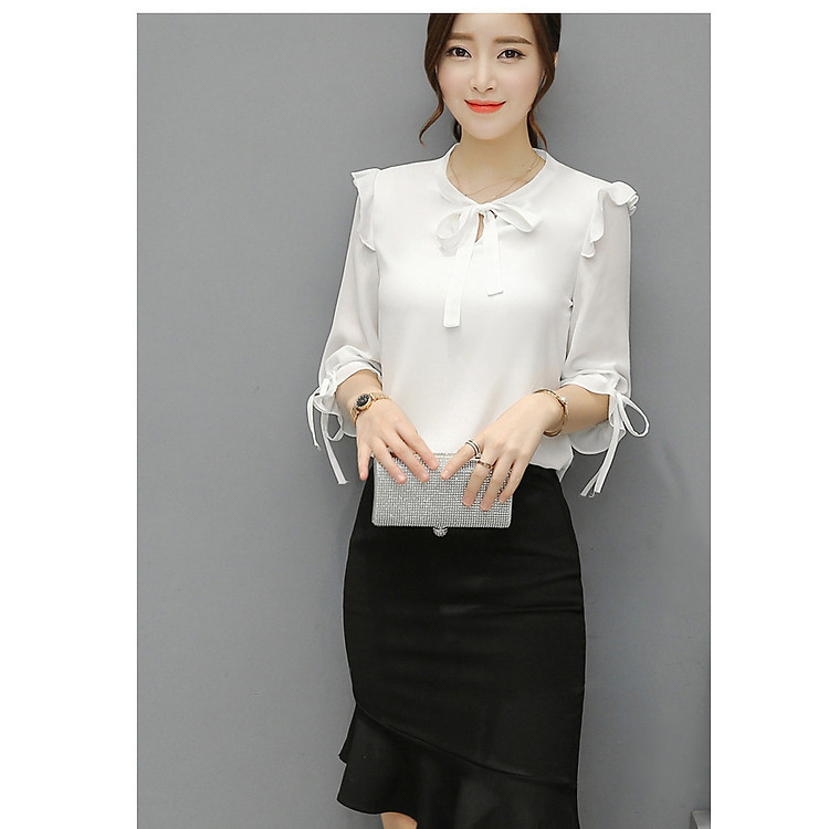 Áo Sơ Mi Nữ Kiểu Tay Lỡ Nơ Tay và Cổ - Mã SSL1195