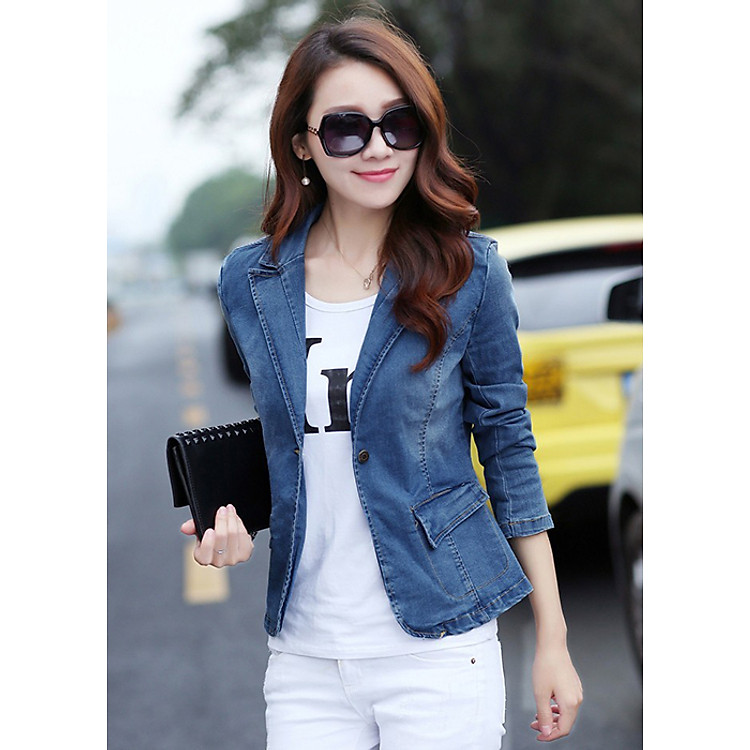 Áo Khoác Vest Jean Nữ Cổ Bẻ Phối Túi Thanh Lịch