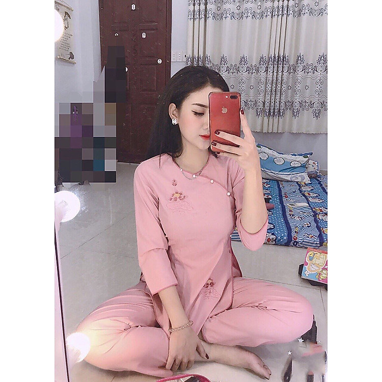 Áo Lam Đi Chùa - Xèo Chéo Hoa Sen Màu Hồng