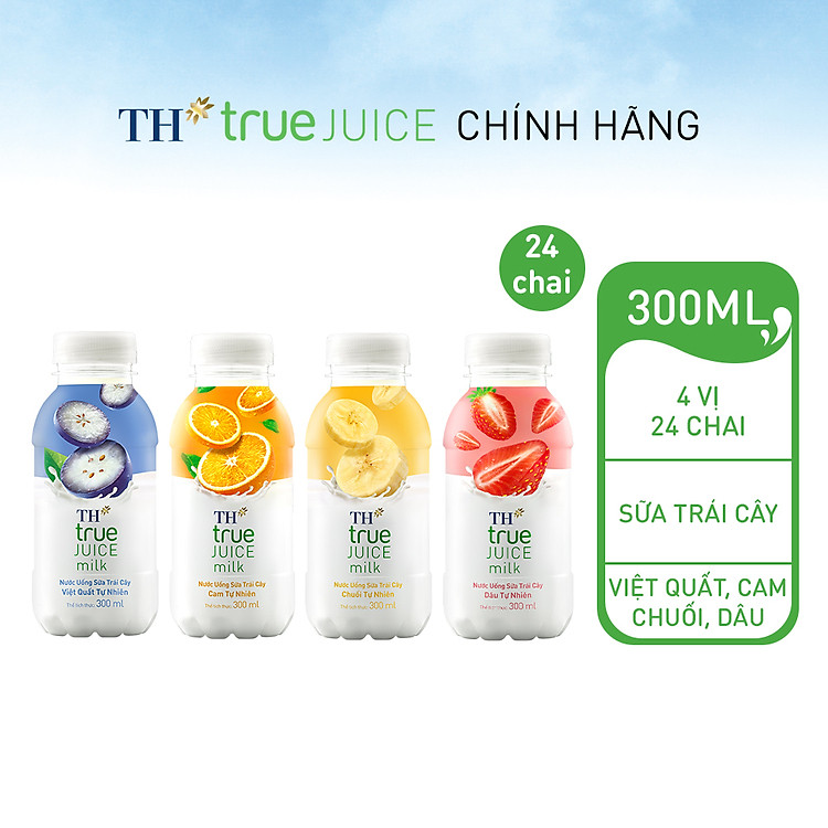 Thùng 24 chai combo mix sữa dâu, cam, chuối, việt quất tự nhiên TH True Juice Milk 300ml (300ml x 24 chai)