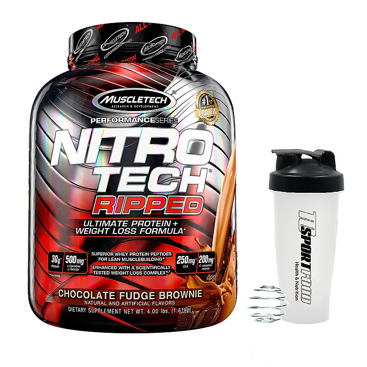 Combo Sữa tăng cơ giảm mỡ Whey Protein Nitro Tech Ripped của Muscle Tech hương Chocolate hộp 42 lần dùng hỗ trợ tăng cơ, giảm cân, đốt mỡ cực mạnh & Bình lắc 600ml (Mẫu ngẫu nhiên)