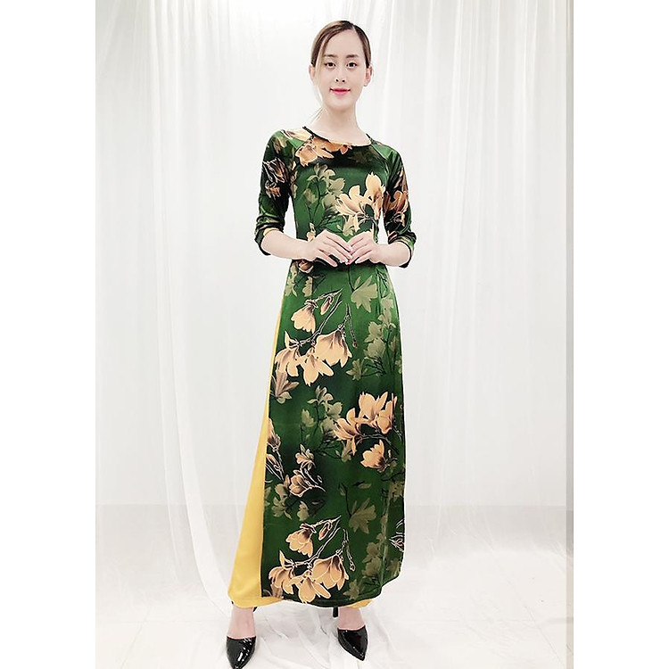 Áo Dài Truyền Thống Kiểu Trung Niên Áo Dài Nhung In Hoa Tulip 3D Nhũ Kim Tuyến ROMI 3166 (Không Kèm Quần)